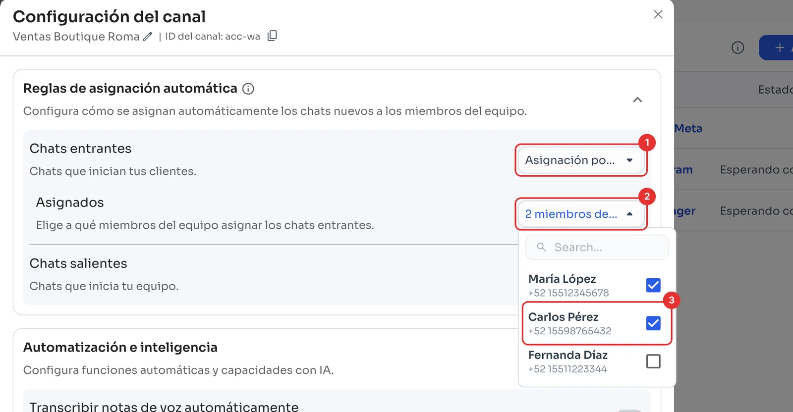 Asignación por turnos activa con la lista de Asignados abierta