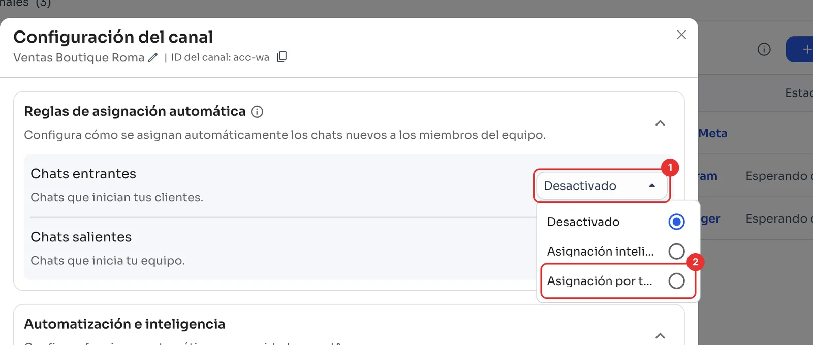 Lista de Chats entrantes con Desactivado, Asignación inteligente y Asignación por turnos