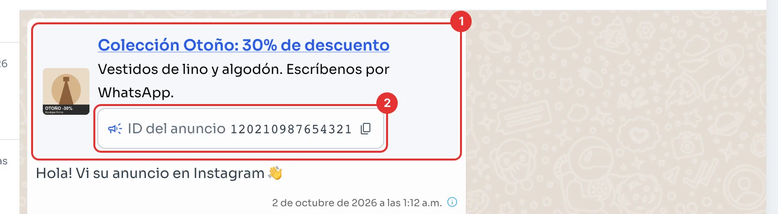 Primer mensaje del cliente con la tarjeta del anuncio y su ID