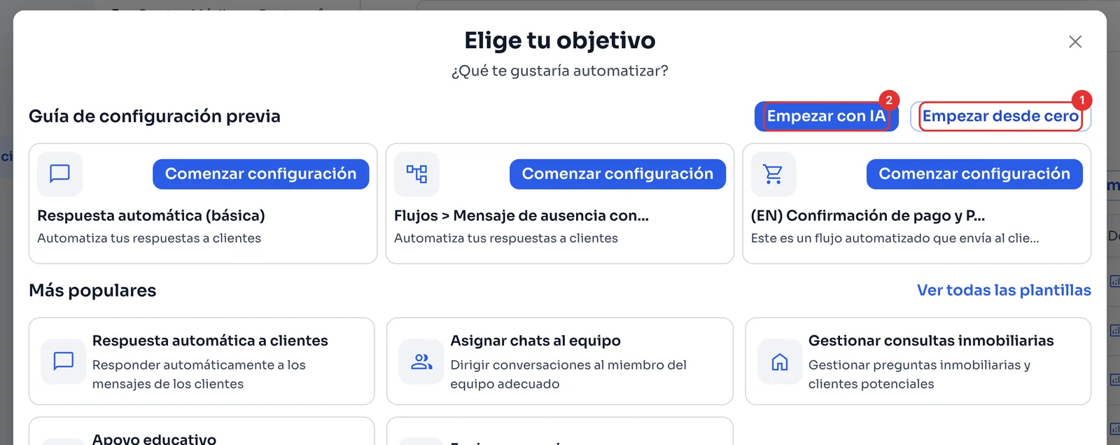 Ventana Elige tu objetivo con Empezar desde cero y Empezar con IA
