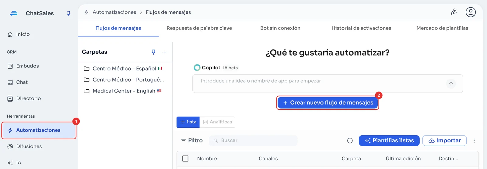 Flujos de mensajes con el botón Crear nuevo flujo de mensajes