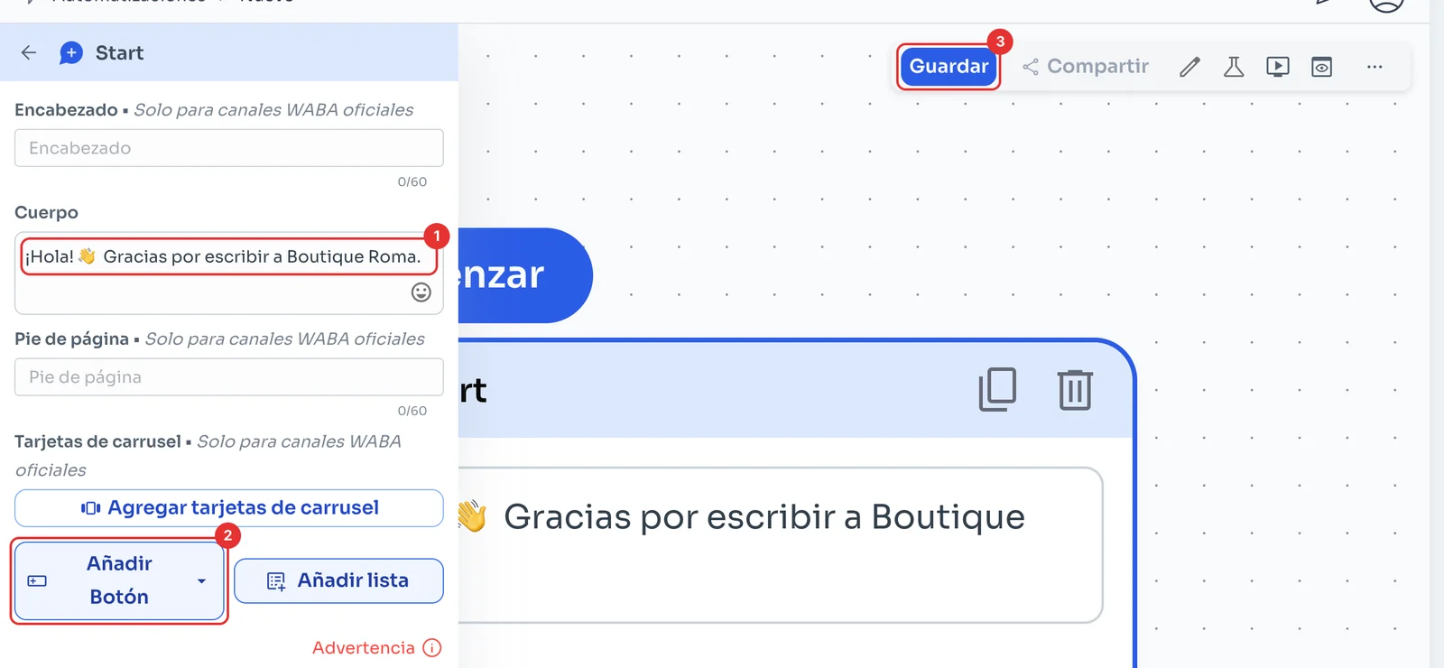 Editor del mensaje con Cuerpo, Añadir Botón y Guardar