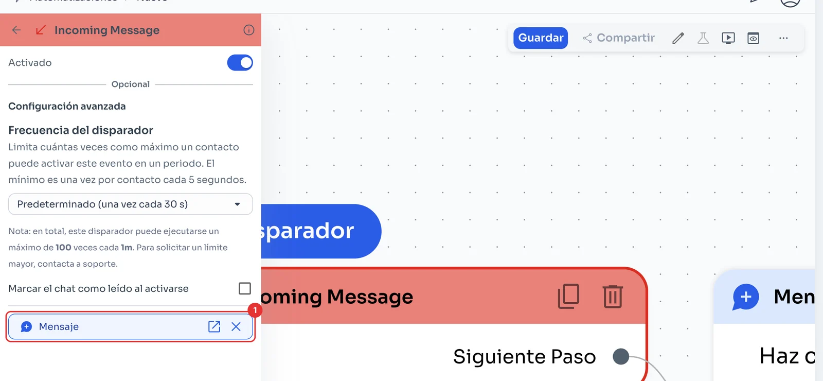 Panel del disparador con el mensaje conectado