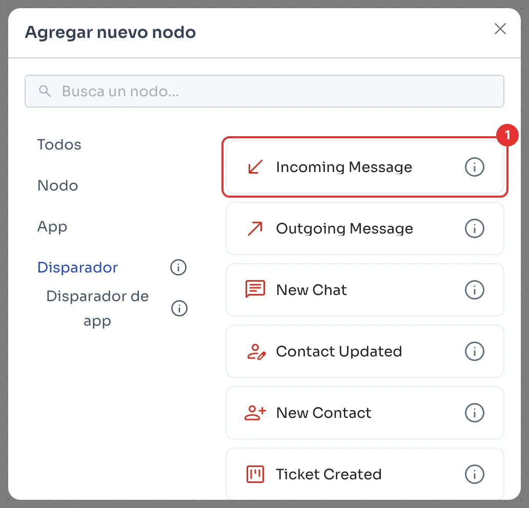 Lista de disparadores con Incoming Message