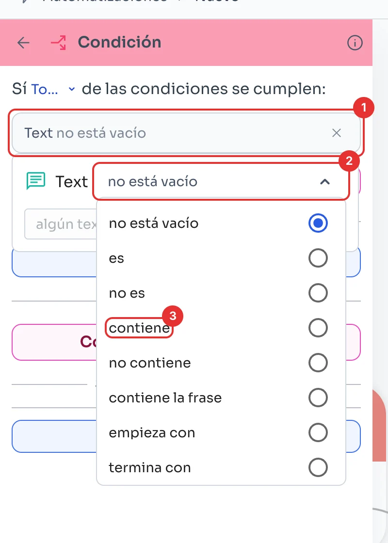 Regla abierta con la lista de comparaciones y la opción contiene