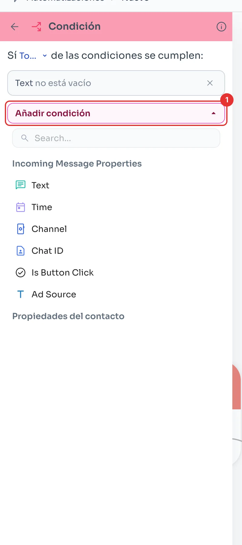 Lista de propiedades al dar clic en Añadir condición