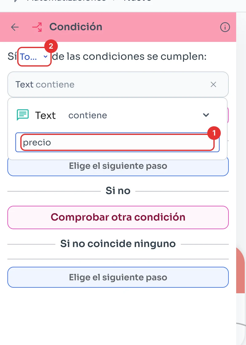 Regla Text contiene precio con el selector de todas o alguna