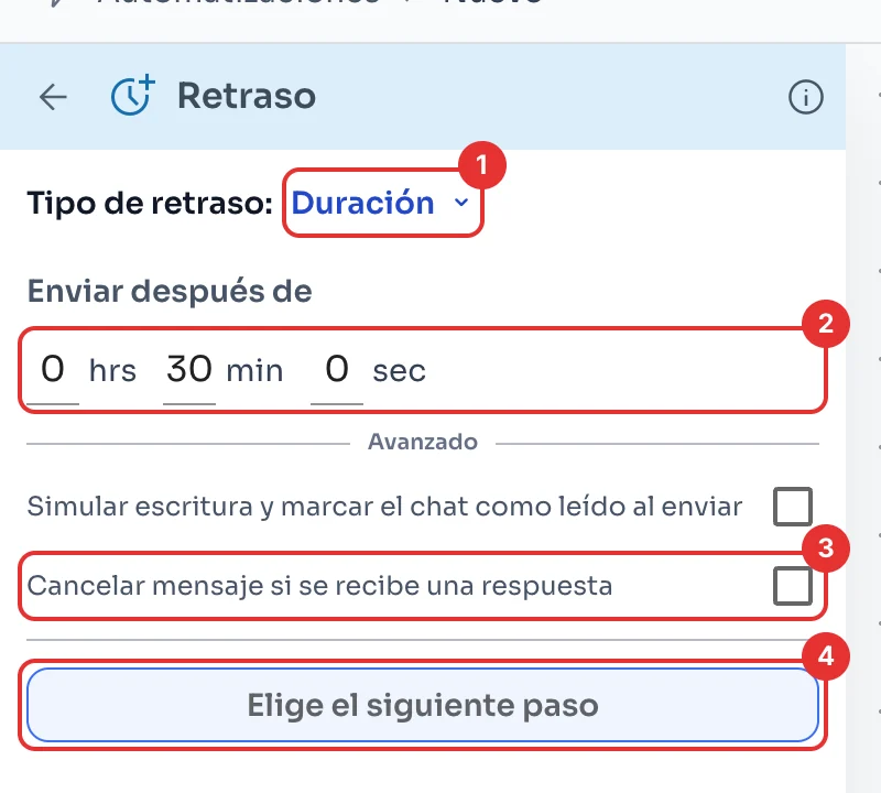 Panel del retraso con Enviar después de, la opción de cancelar y Elige el siguiente paso
