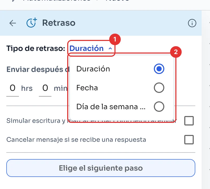 Lista de tipos de retraso: Duración, Fecha y Día de la semana con hora