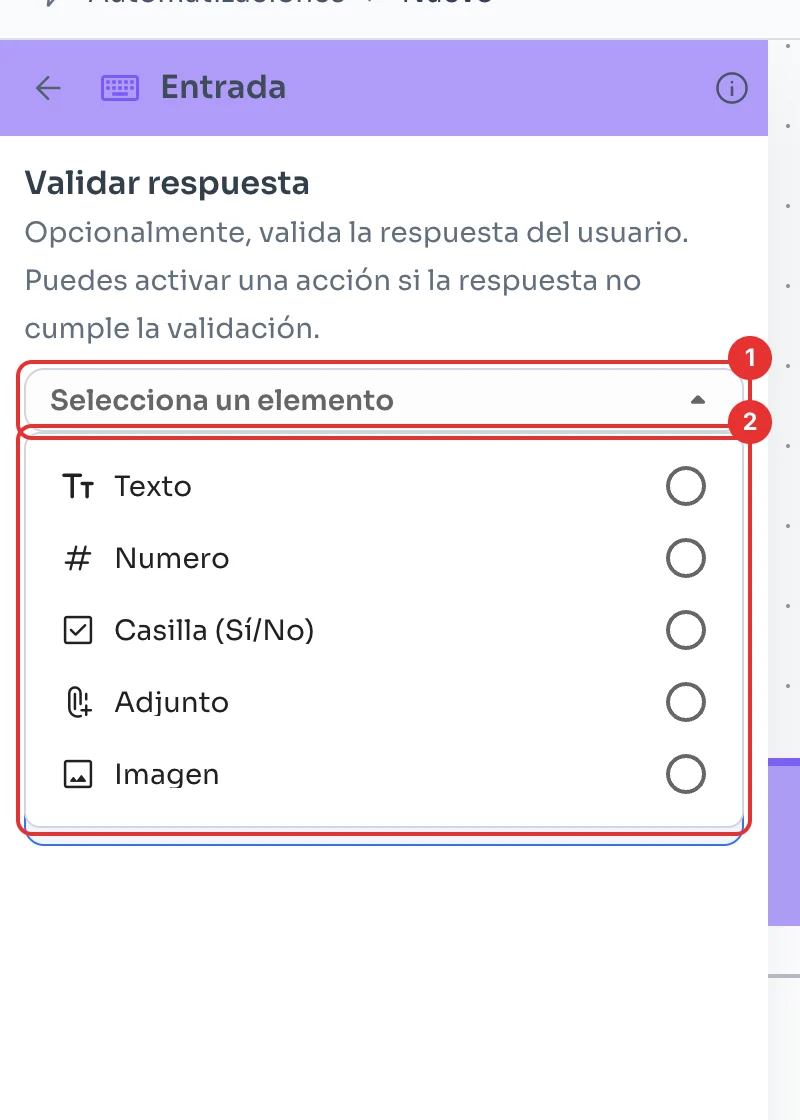 Lista de tipos de respuesta: Texto, Numero, Casilla, Adjunto e Imagen