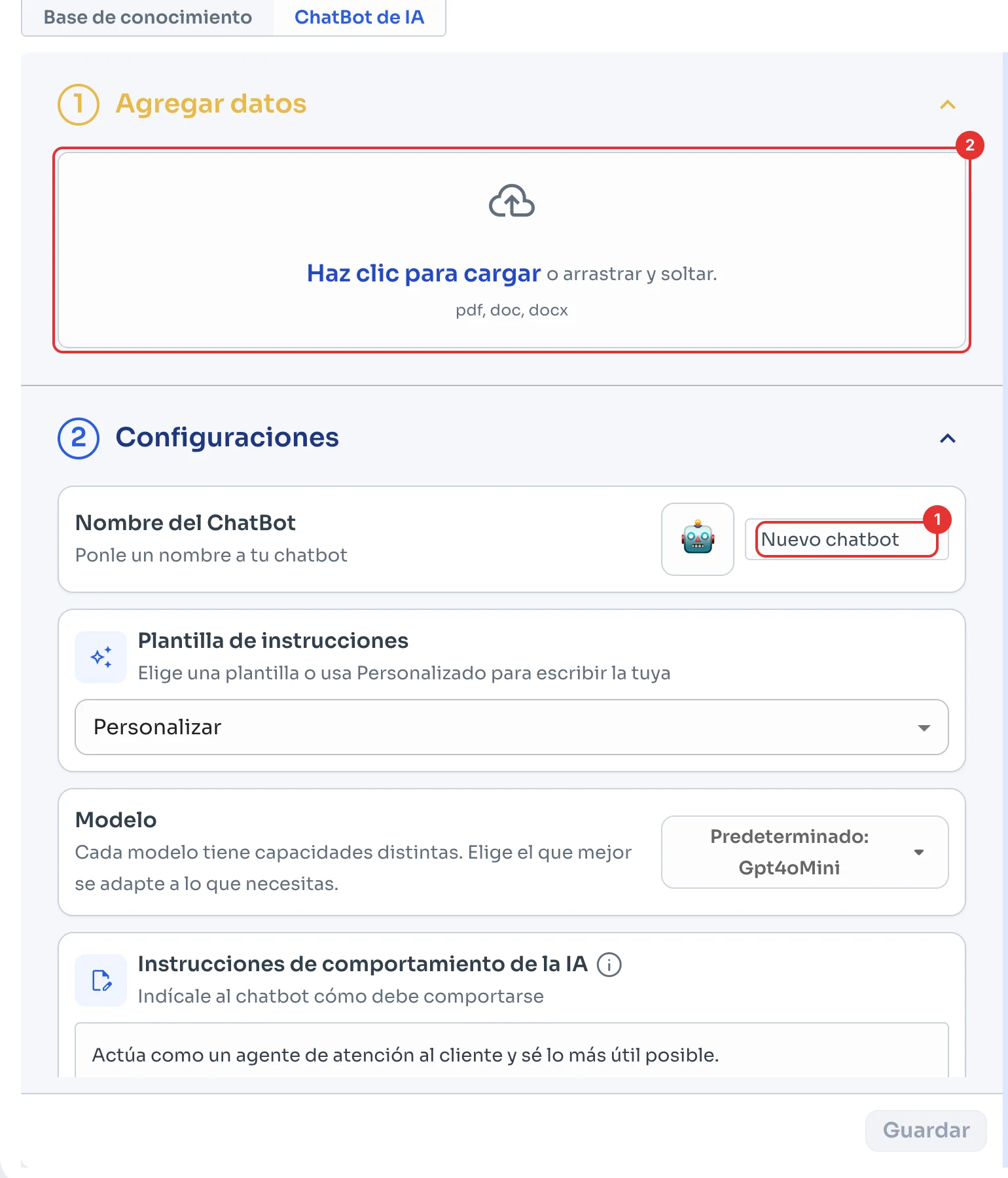 Nombre del ChatBot y el área para cargar archivos de Agregar datos