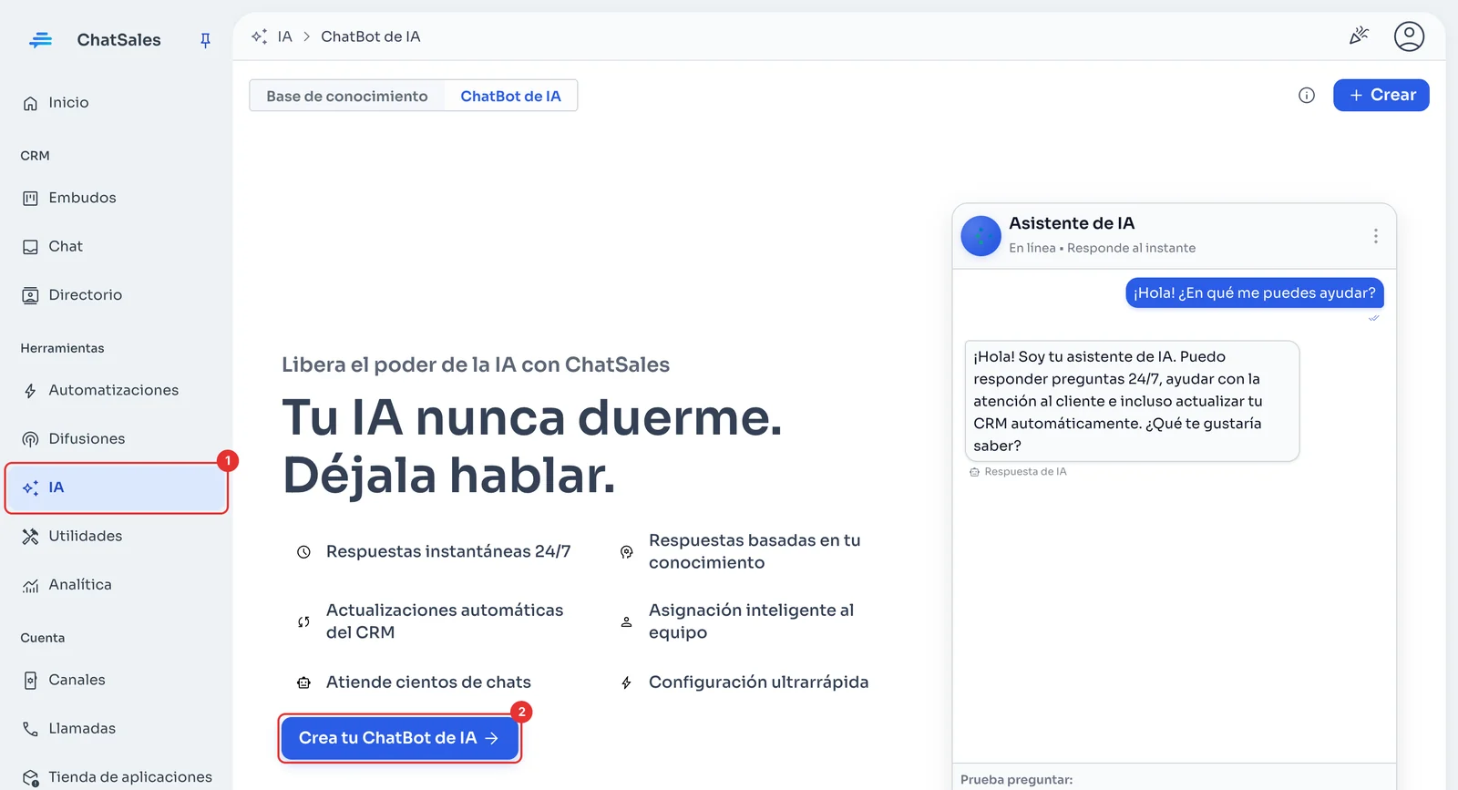 Página ChatBot de IA con el botón Crea tu ChatBot de IA