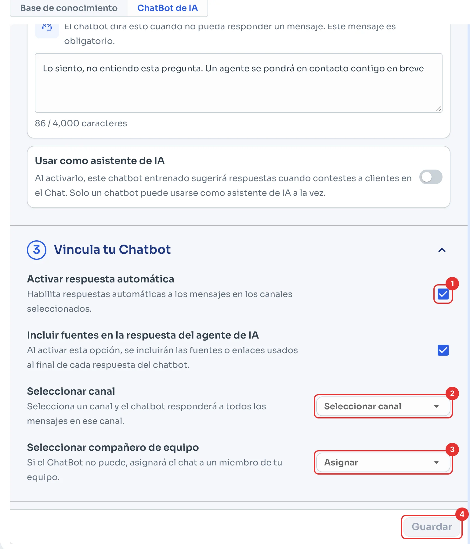 Vincula tu Chatbot con respuesta automática, canal, compañero de equipo y Guardar