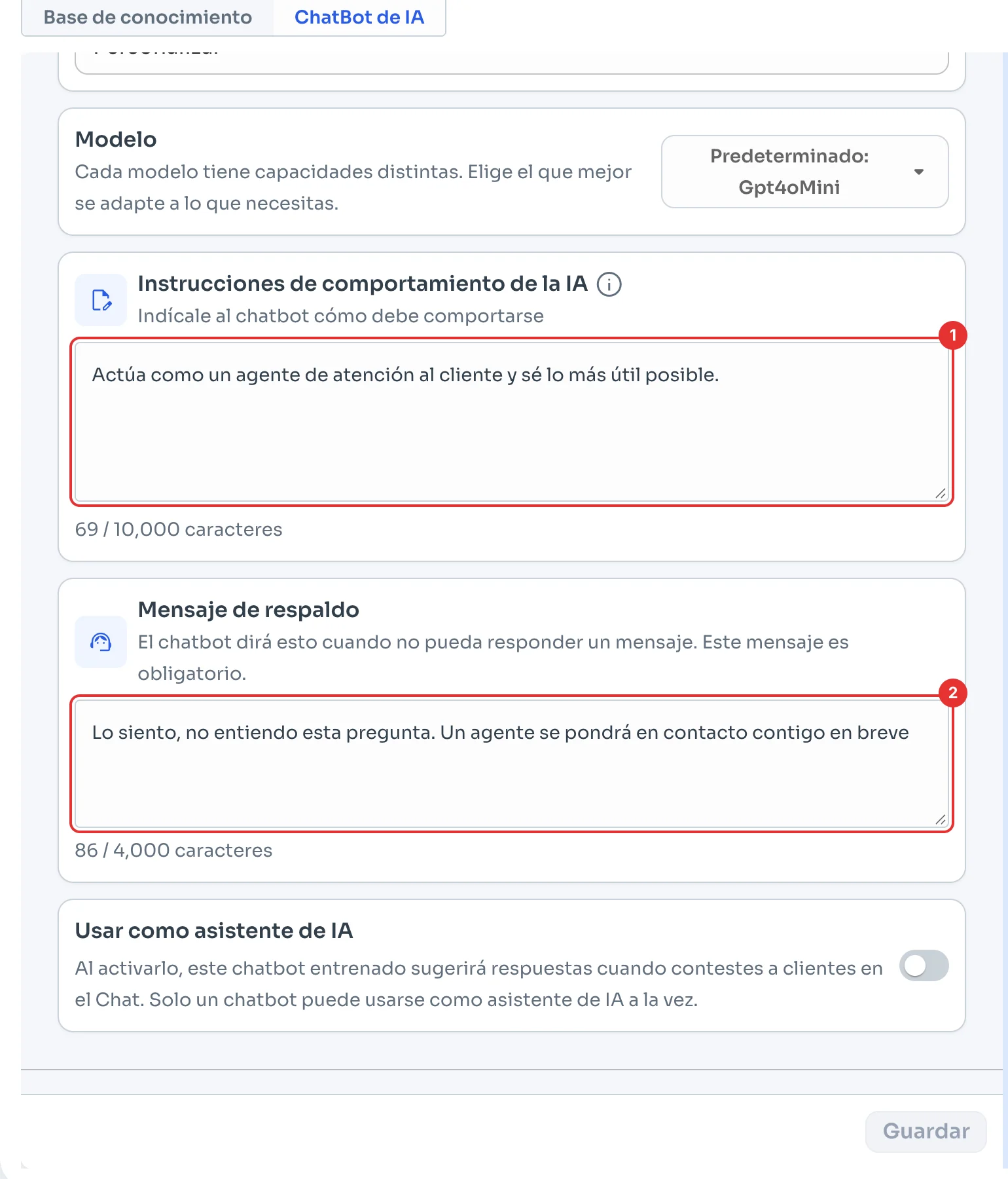 Instrucciones de comportamiento de la IA y Mensaje de respaldo