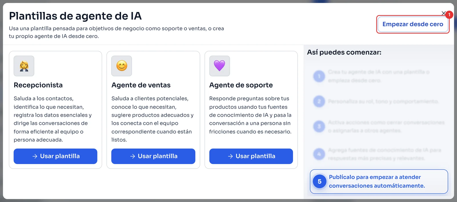 Ventana Plantillas de agente de IA con Empezar desde cero