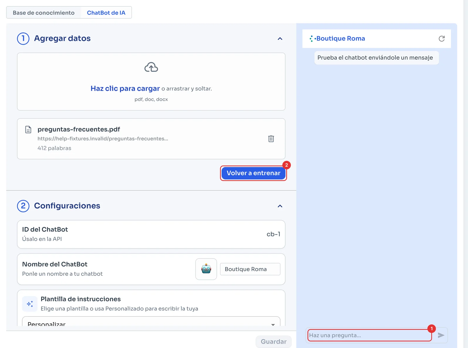 Chat de prueba con el cuadro de pregunta y el botón Volver a entrenar