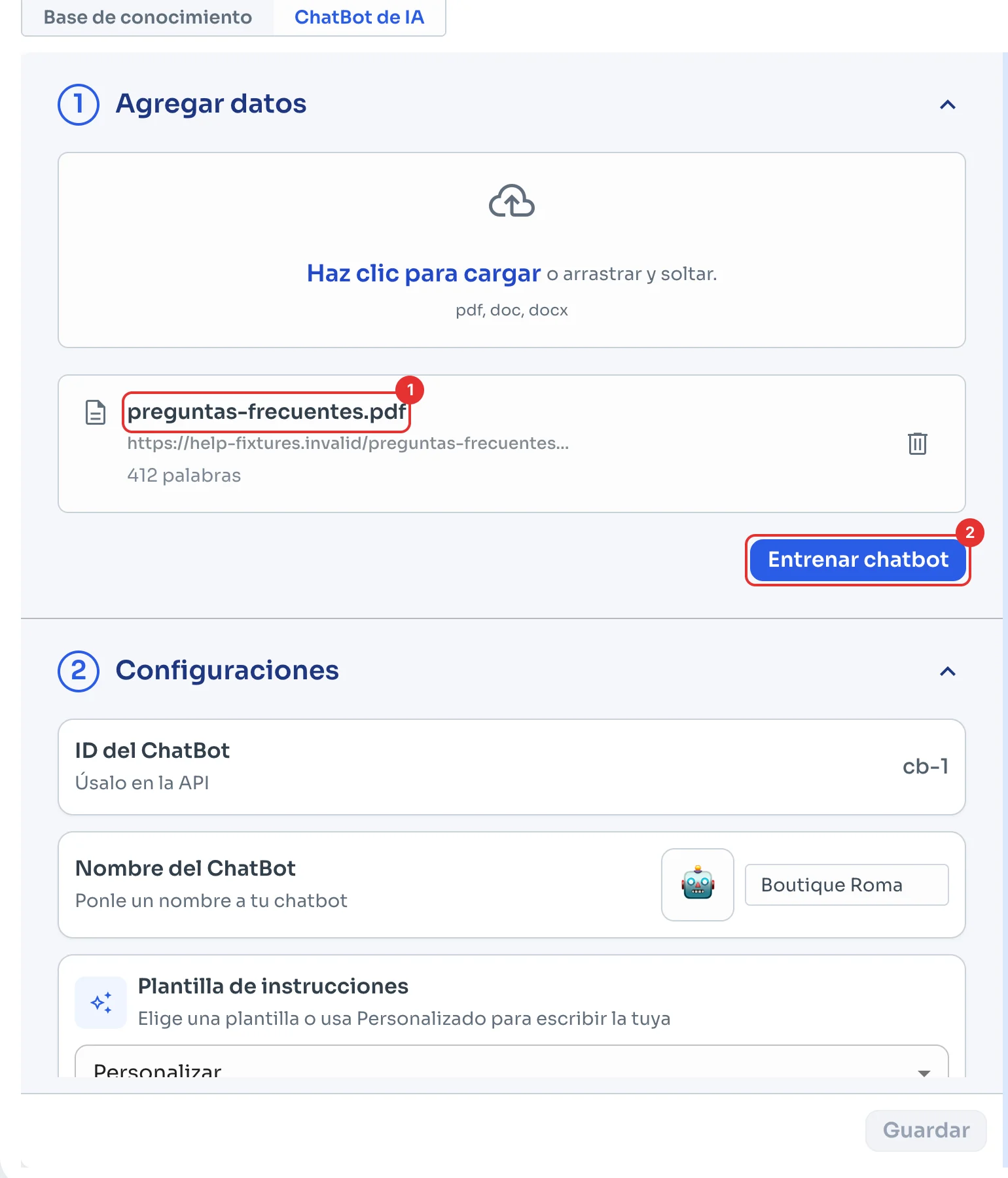 Documento cargado y el botón Entrenar chatbot