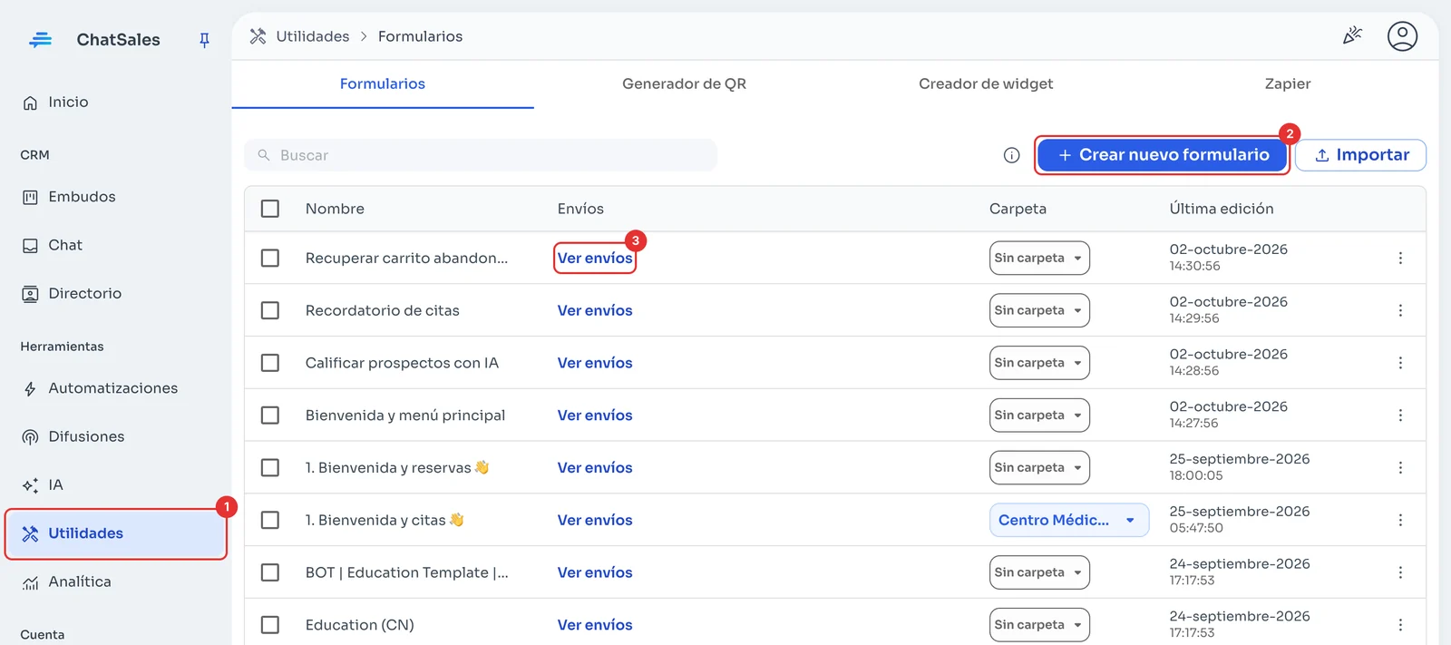Lista de formularios con Crear nuevo formulario y Ver envíos