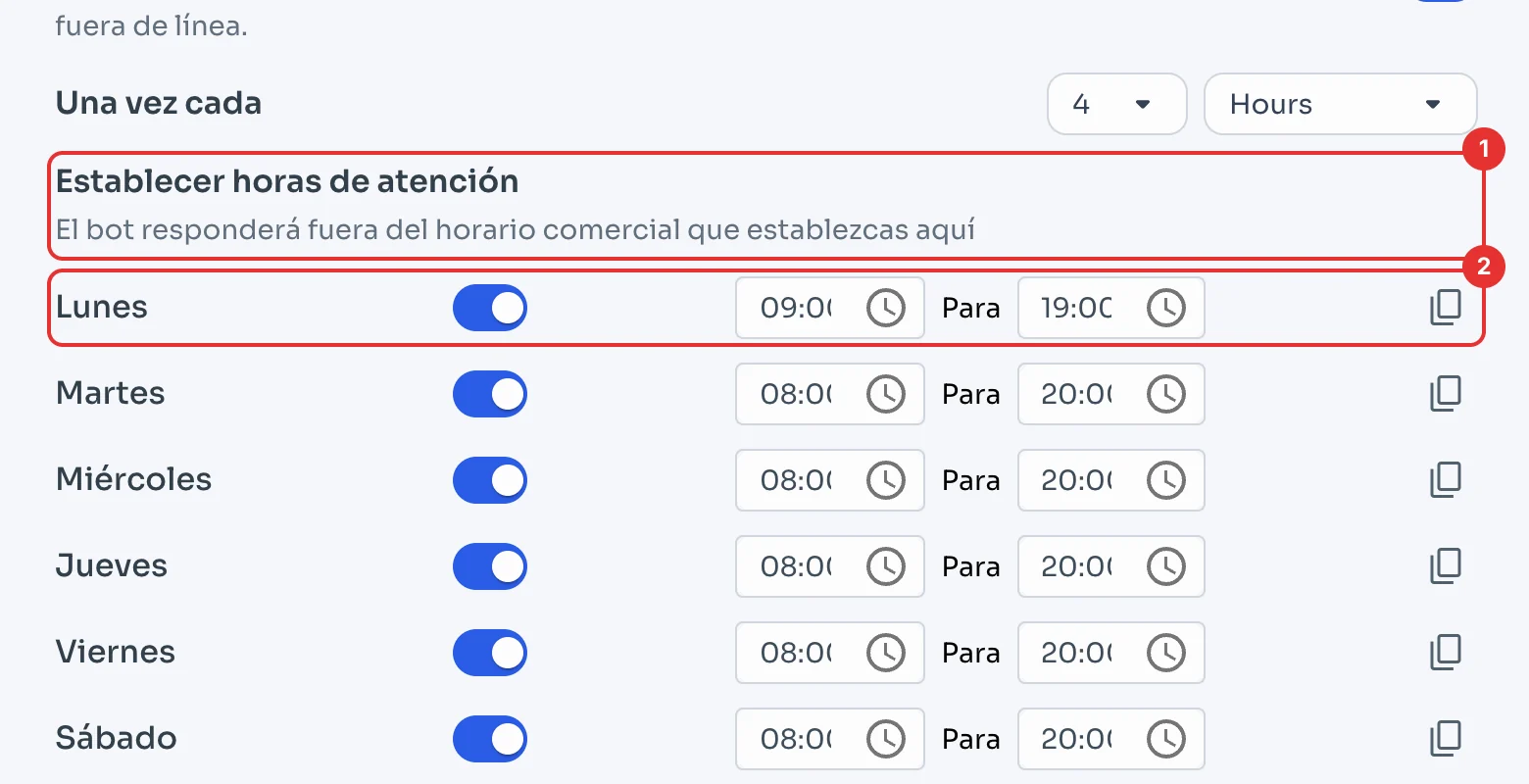 Establecer horas de atención con el lunes de 09:00 a 19:00