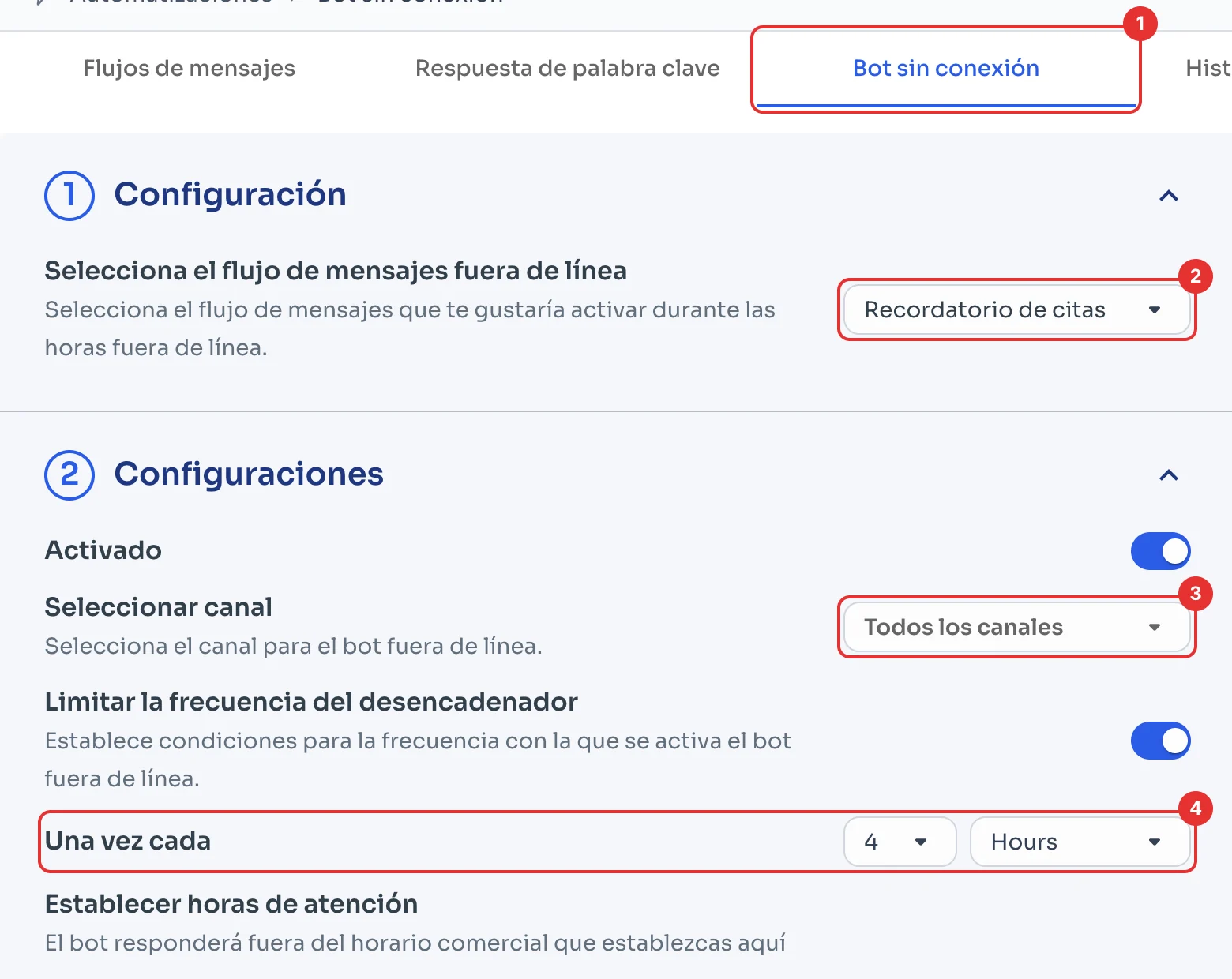 Pestaña Bot sin conexión con el flujo, el canal y la frecuencia