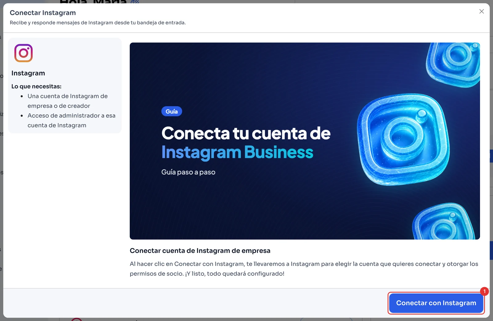 Ventana Conectar Instagram con el botón Conectar con Instagram