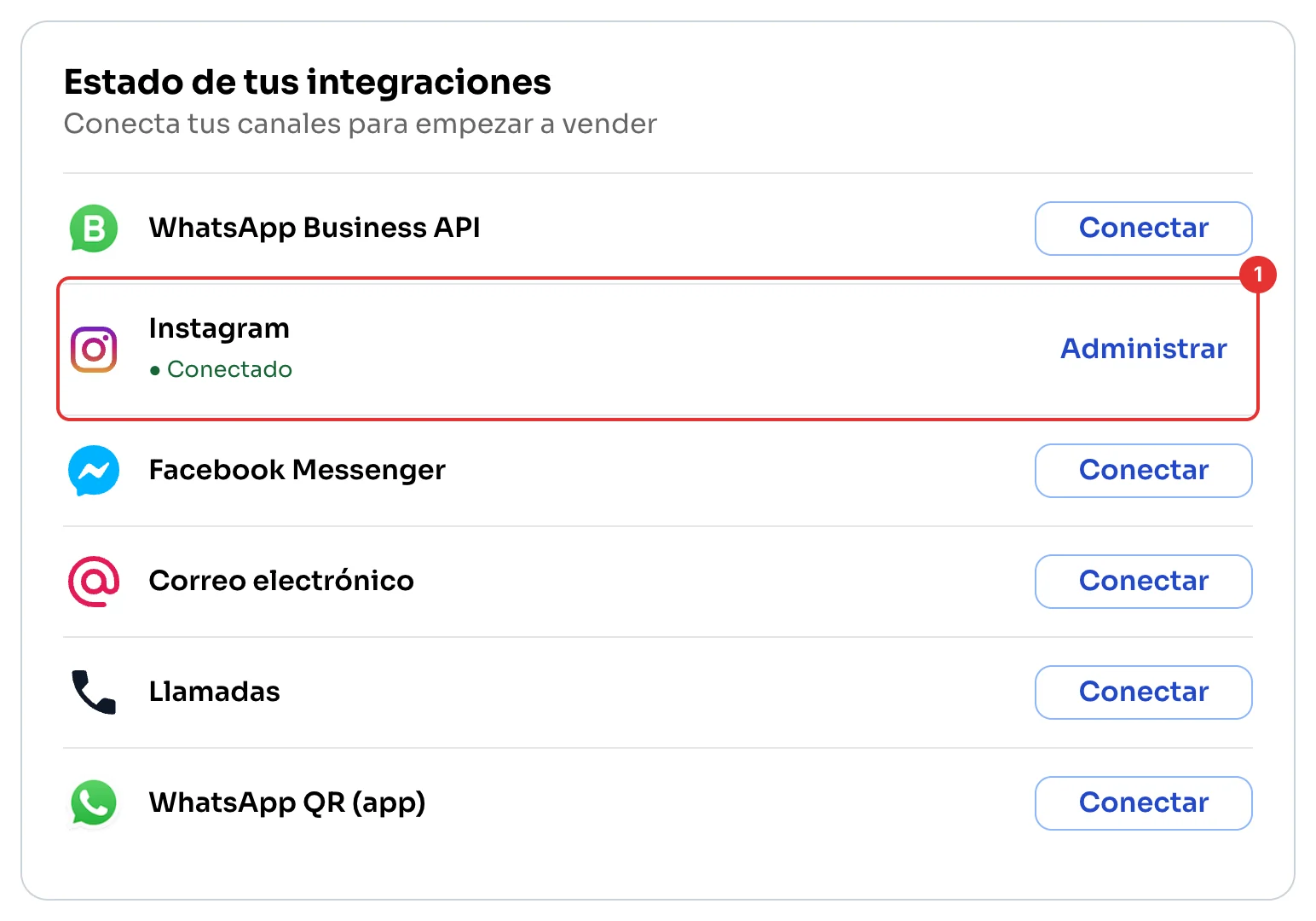 Instagram conectado en Estado de tus integraciones