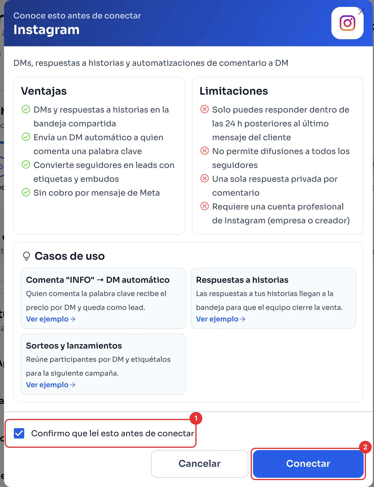 Ventana Conoce esto antes de conectar de Instagram