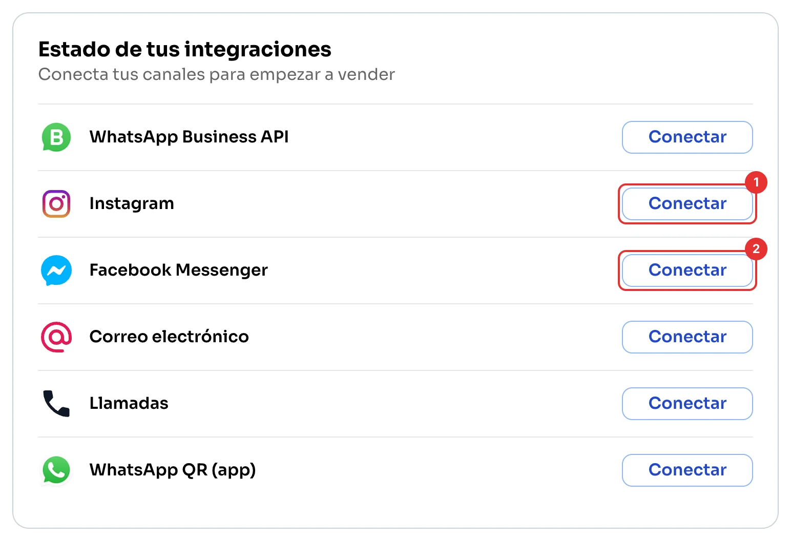 Estado de tus integraciones con los botones Conectar de Instagram y Facebook Messenger