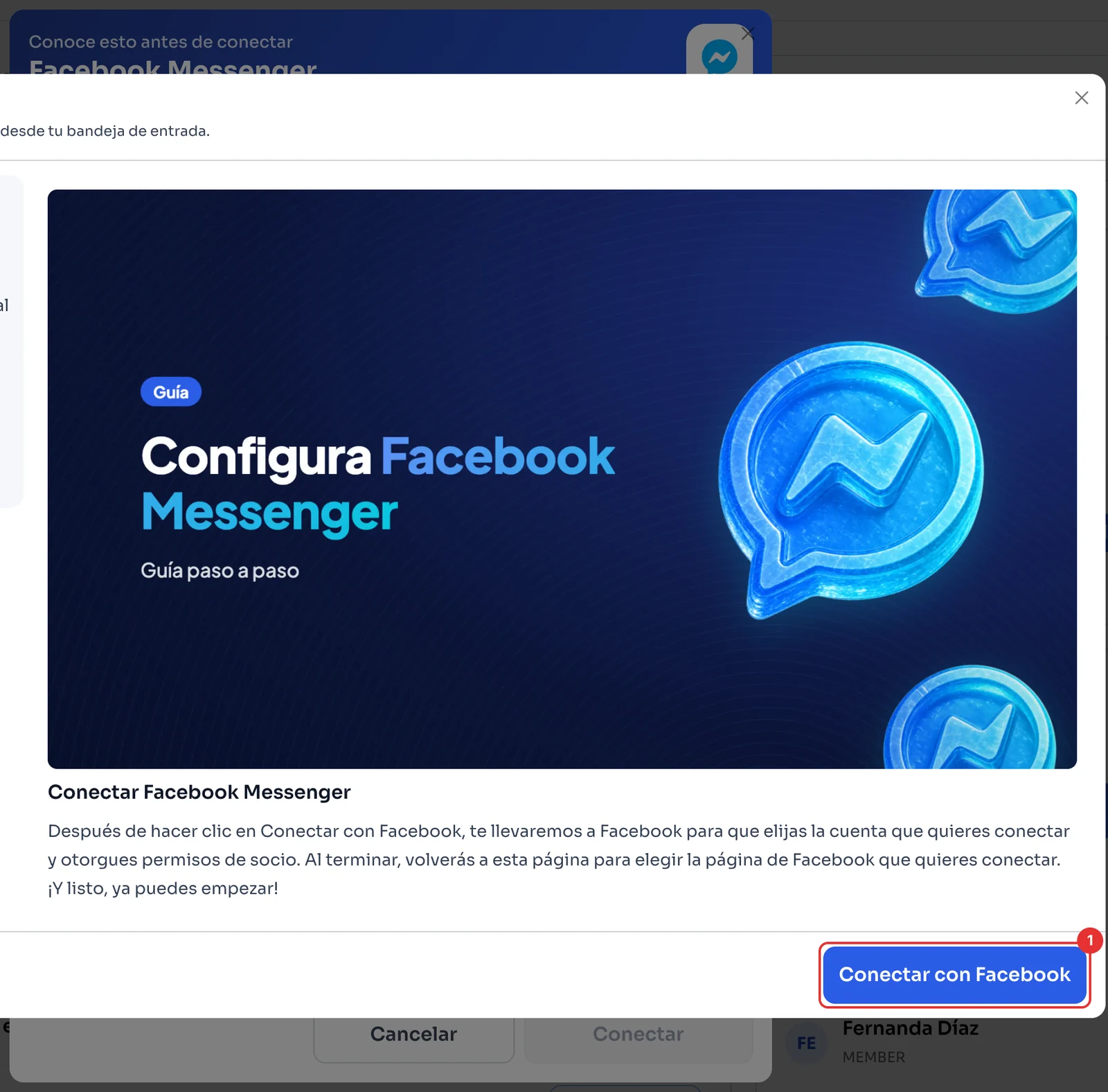 Ventana Conectar Facebook Messenger con el botón Conectar con Facebook