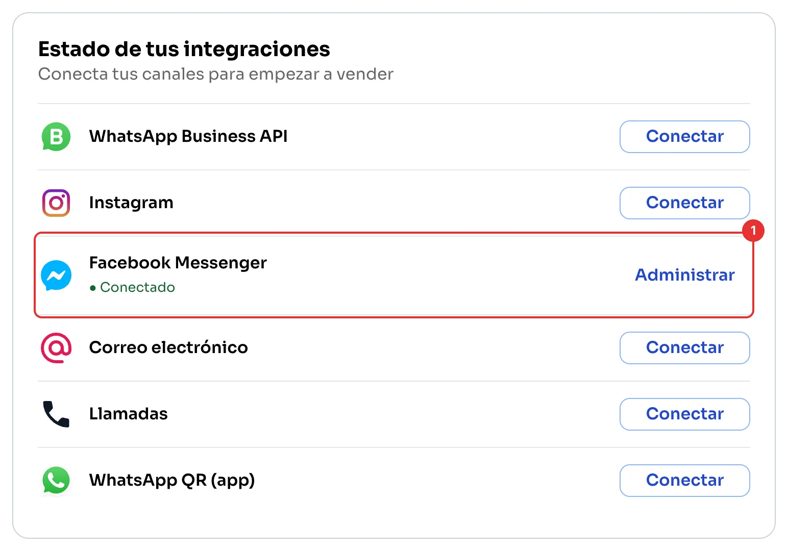 Facebook Messenger conectado en Estado de tus integraciones