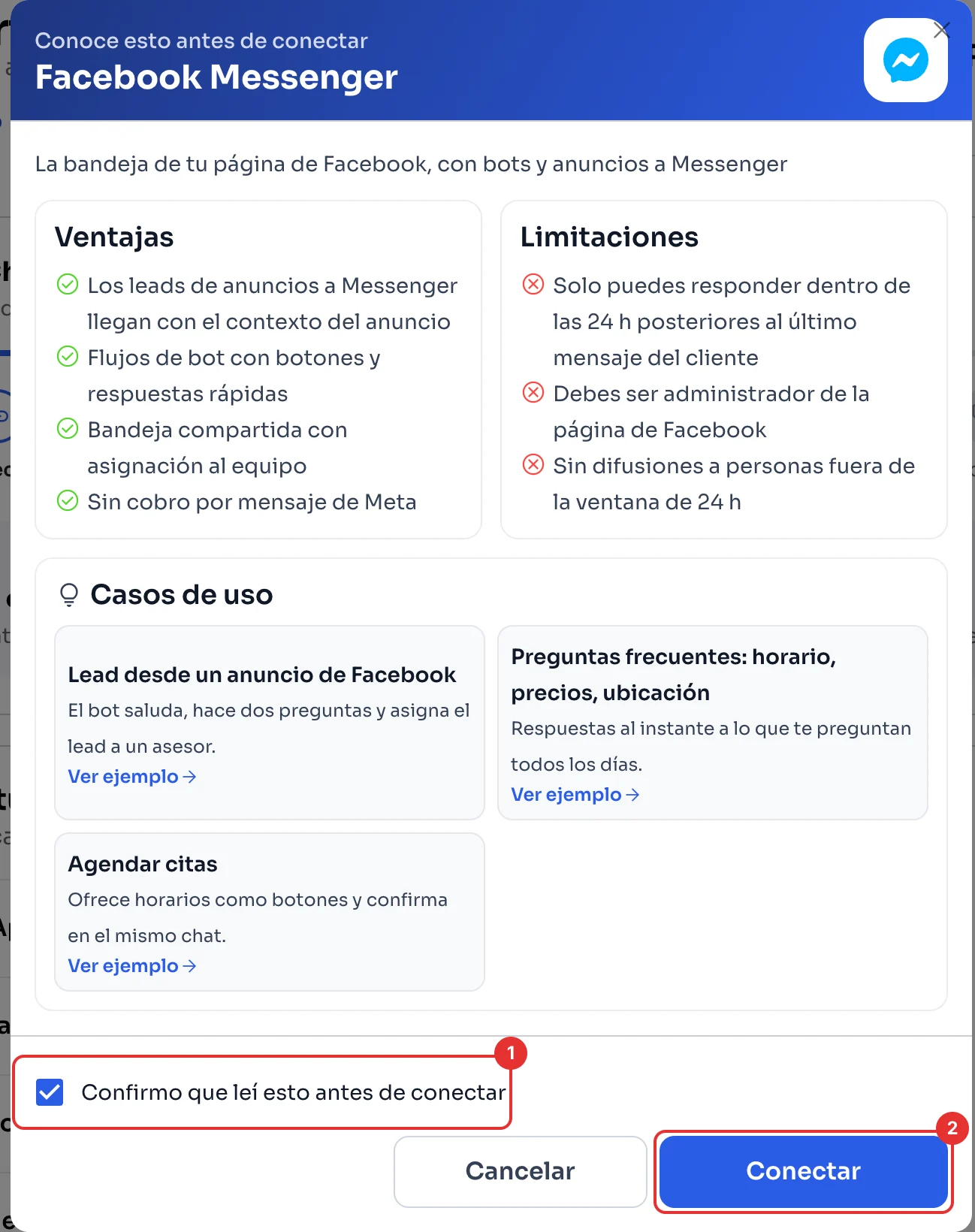 Ventana Conoce esto antes de conectar de Facebook Messenger