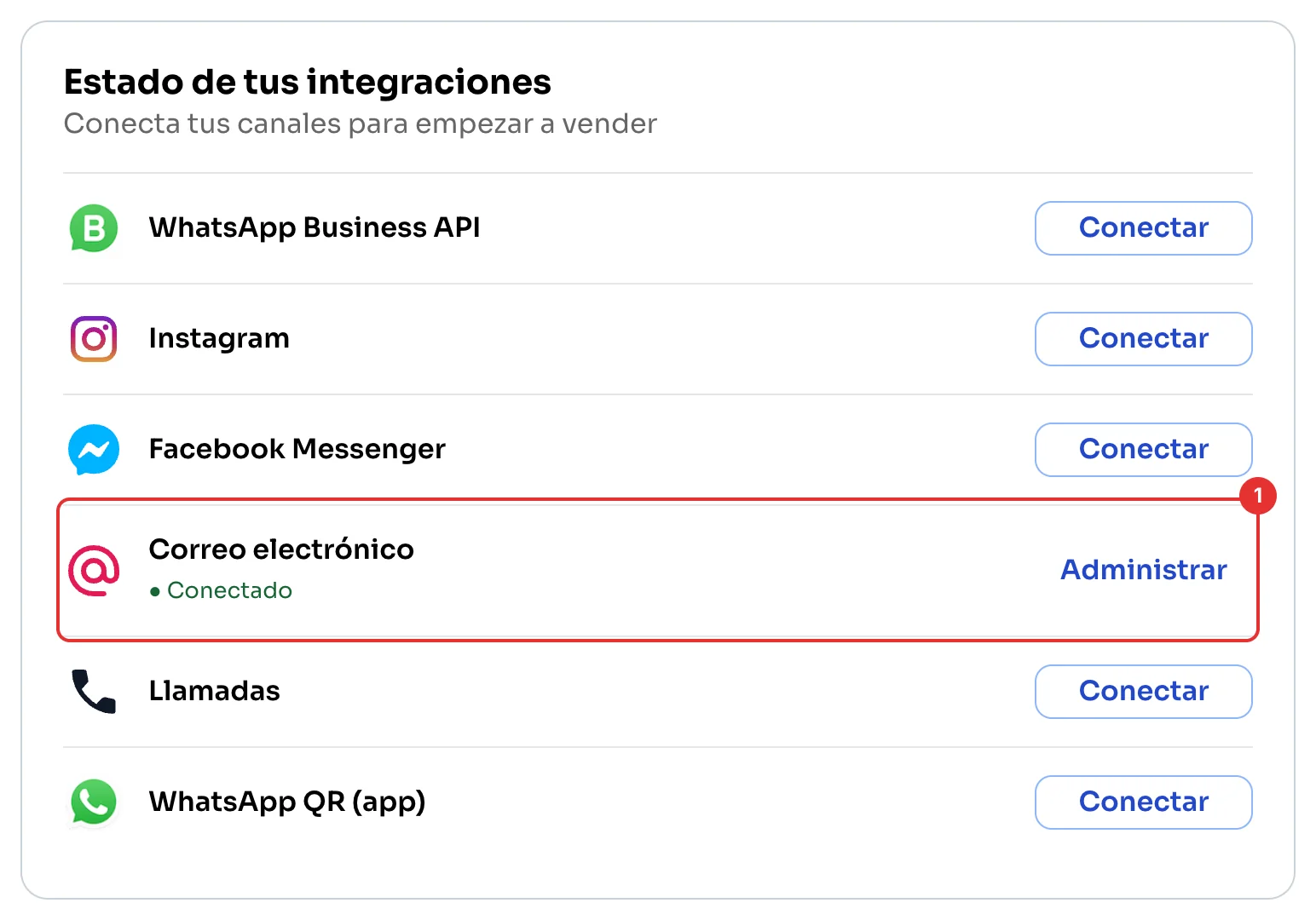 Correo electrónico conectado en Estado de tus integraciones