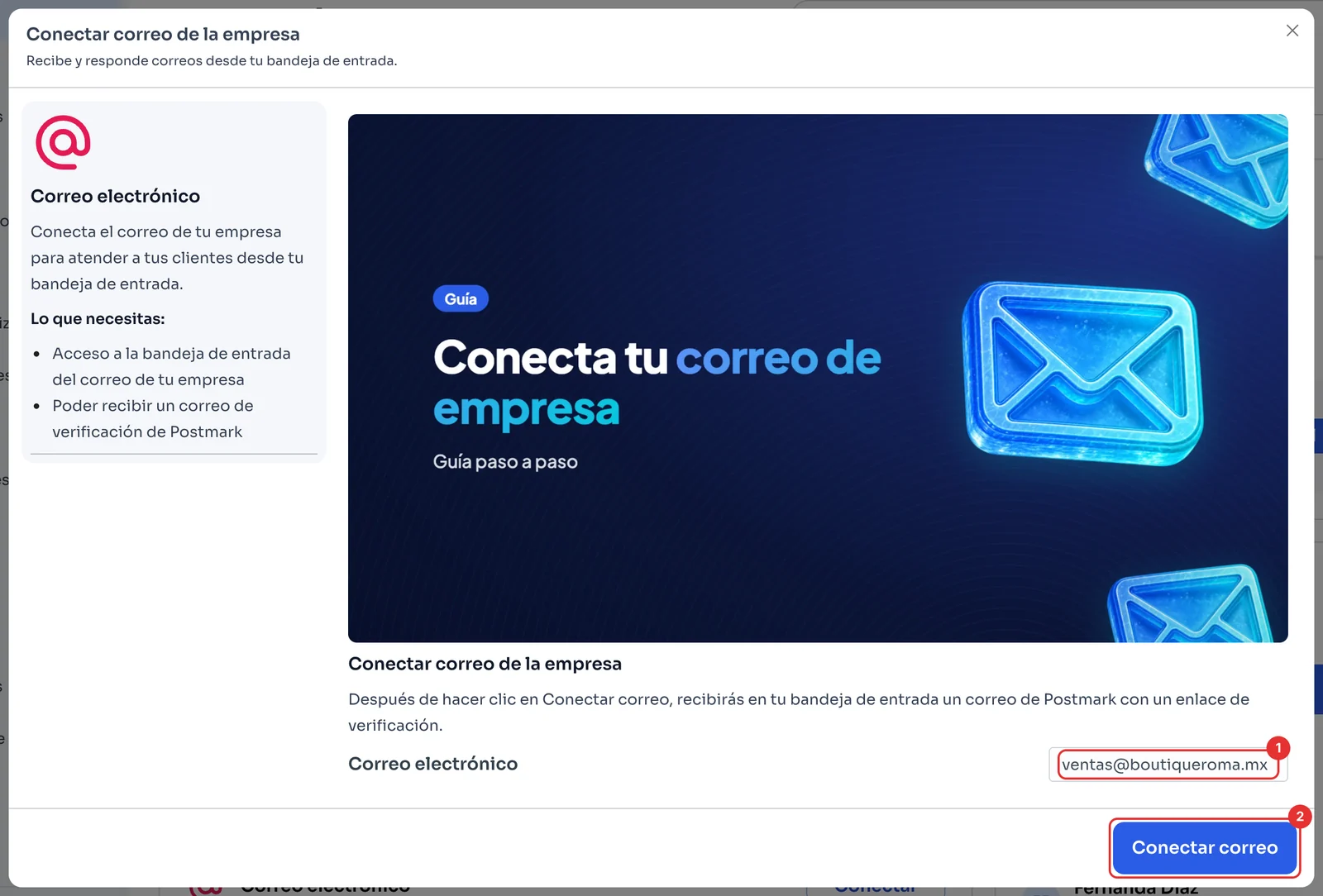 Ventana Conectar correo de la empresa con el correo y el botón Conectar correo