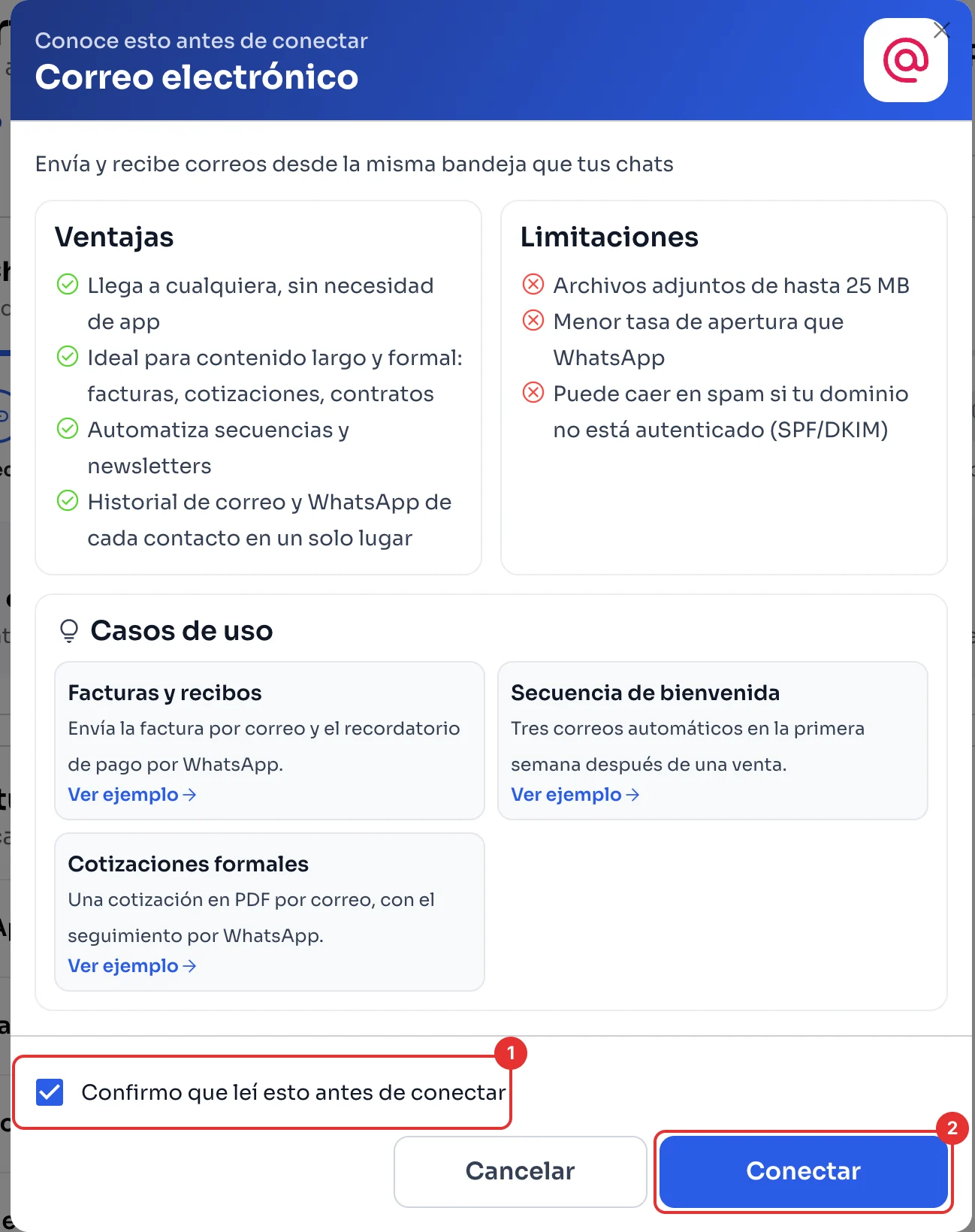 Ventana Conoce esto antes de conectar del correo electrónico