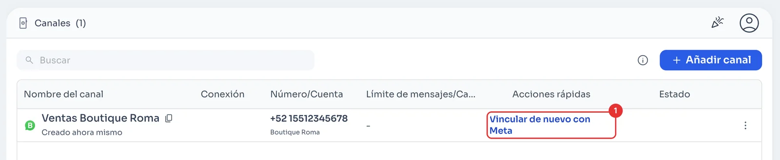 Canal de WhatsApp Business API con el botón Vincular de nuevo con Meta
