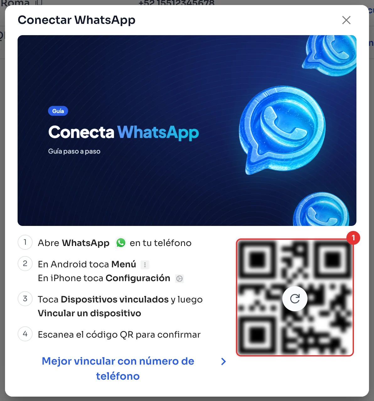 Ventana Conectar WhatsApp con el código QR
