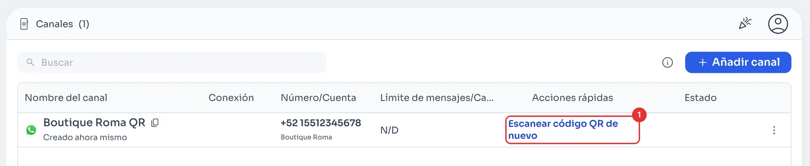 Canal con el botón Escanear código QR de nuevo