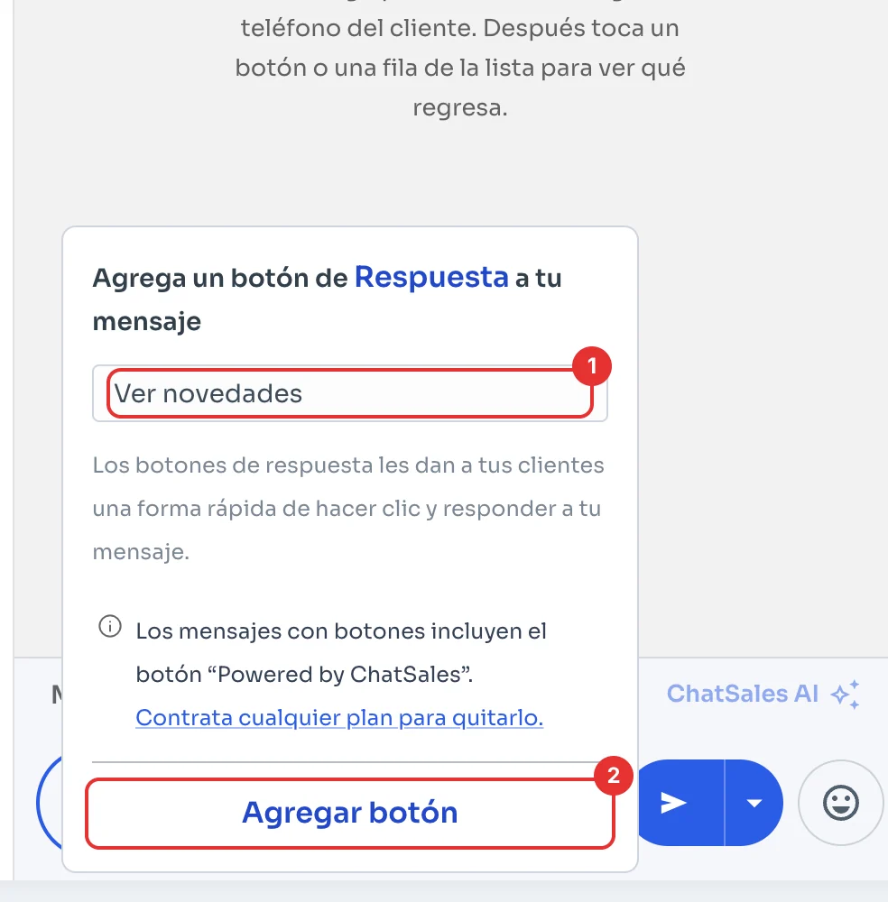 Ventana para agregar un botón de respuesta al mensaje