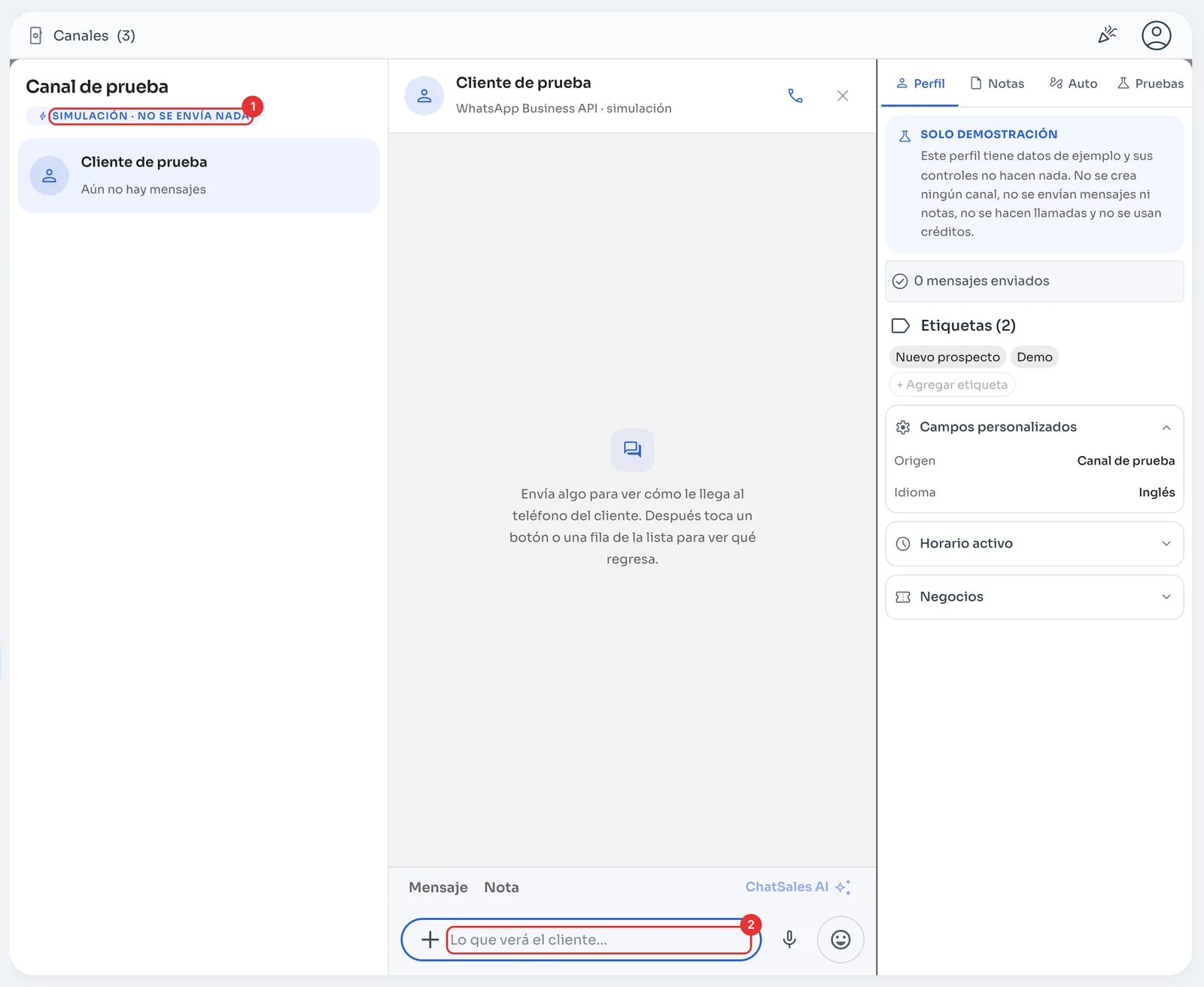 Canal de prueba con el chat de Cliente de prueba