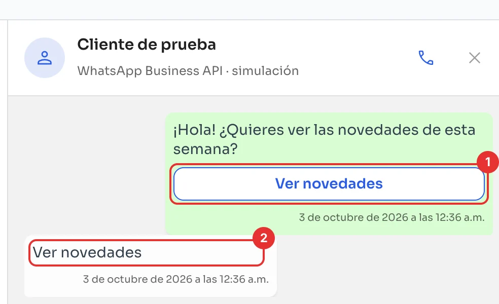 Mensaje con botón y la respuesta del cliente de prueba