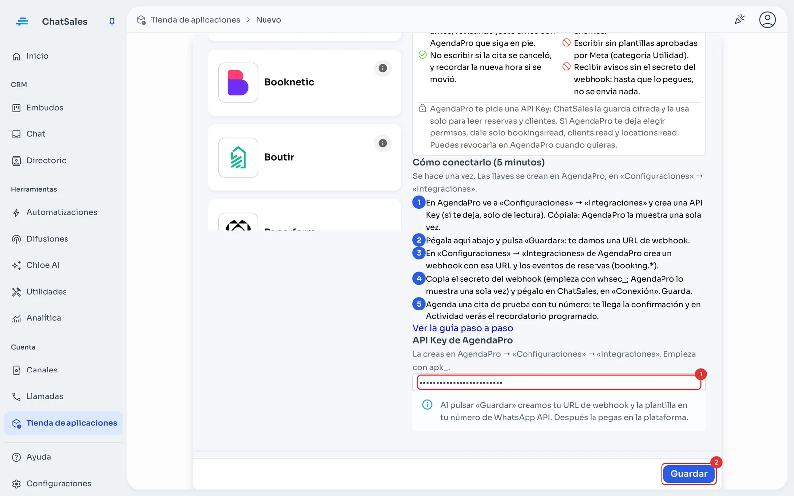Campo API Key de AgendaPro y botón Guardar