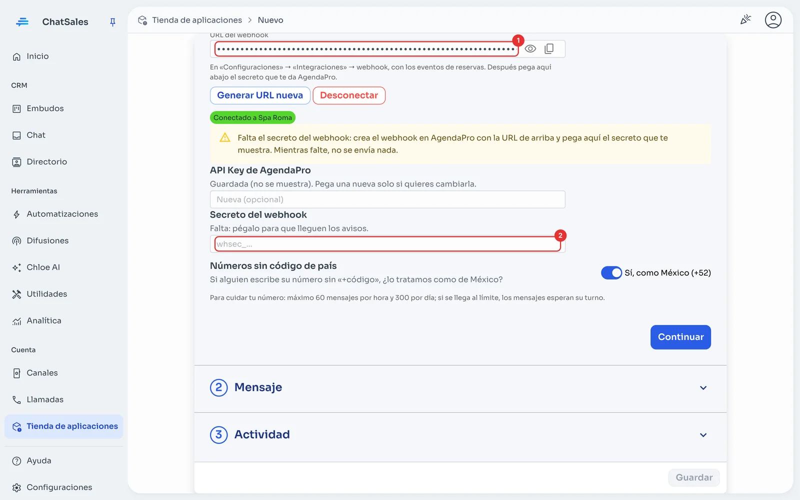 Sección Conexión con la URL del webhook y el campo del secreto
