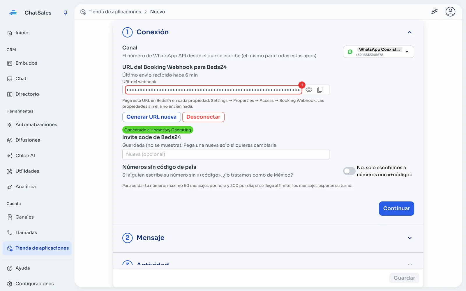 Sección Conexión con la URL del webhook
