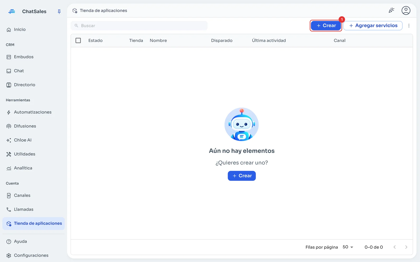 Tienda de aplicaciones de ChatSales con el botón Crear marcado