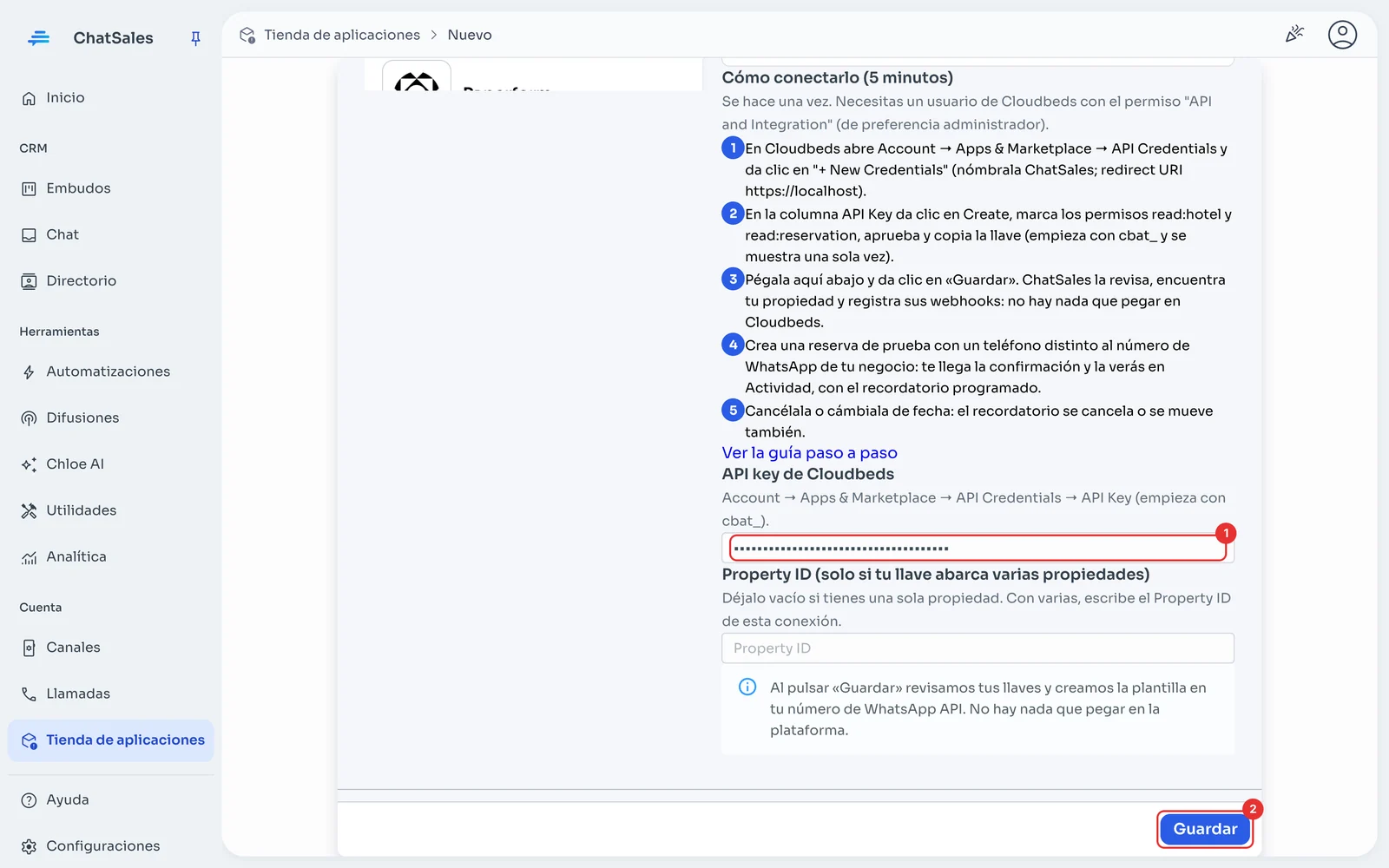 Campo API key de Cloudbeds y botón Guardar