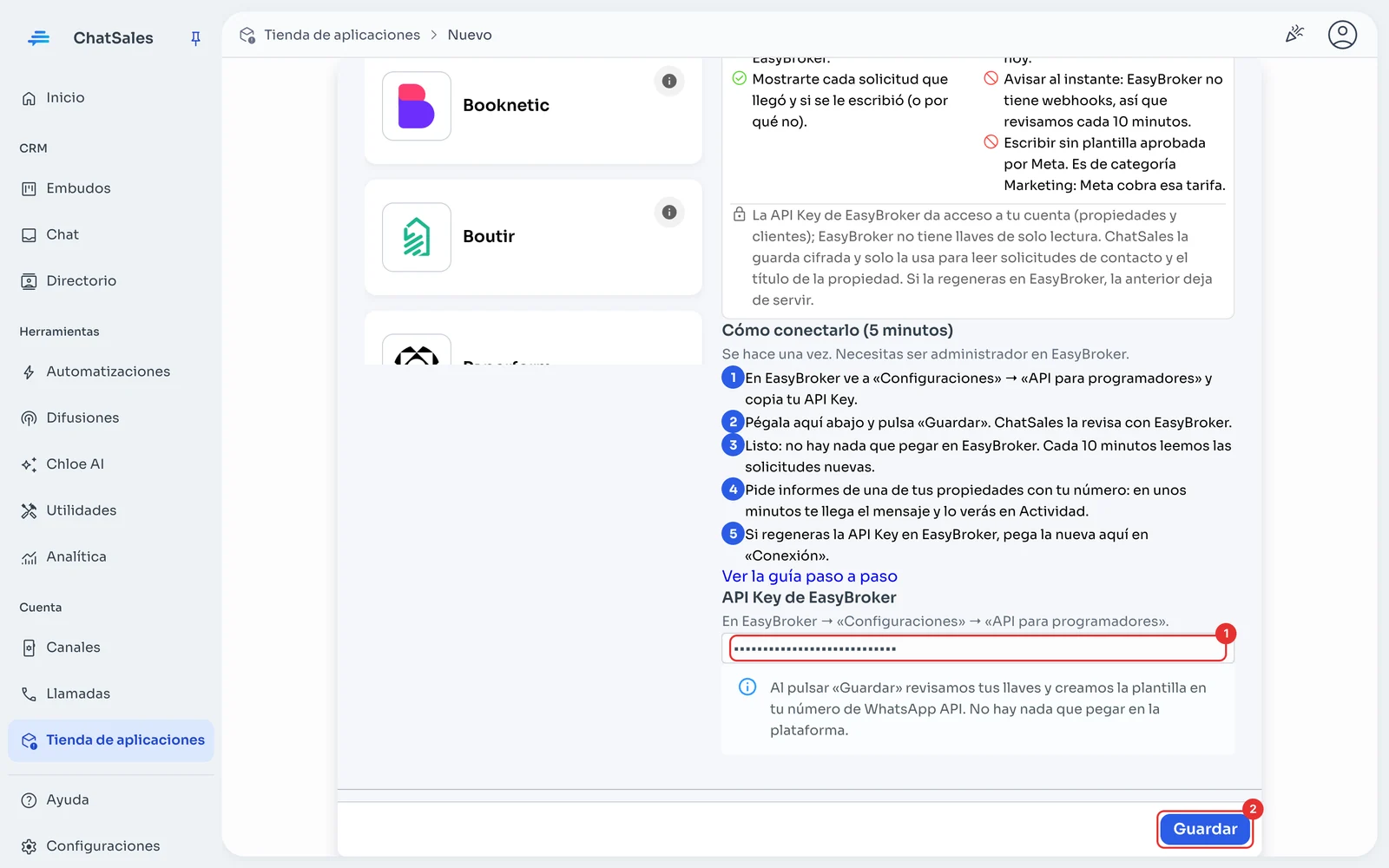 Campo API Key de EasyBroker y botón Guardar