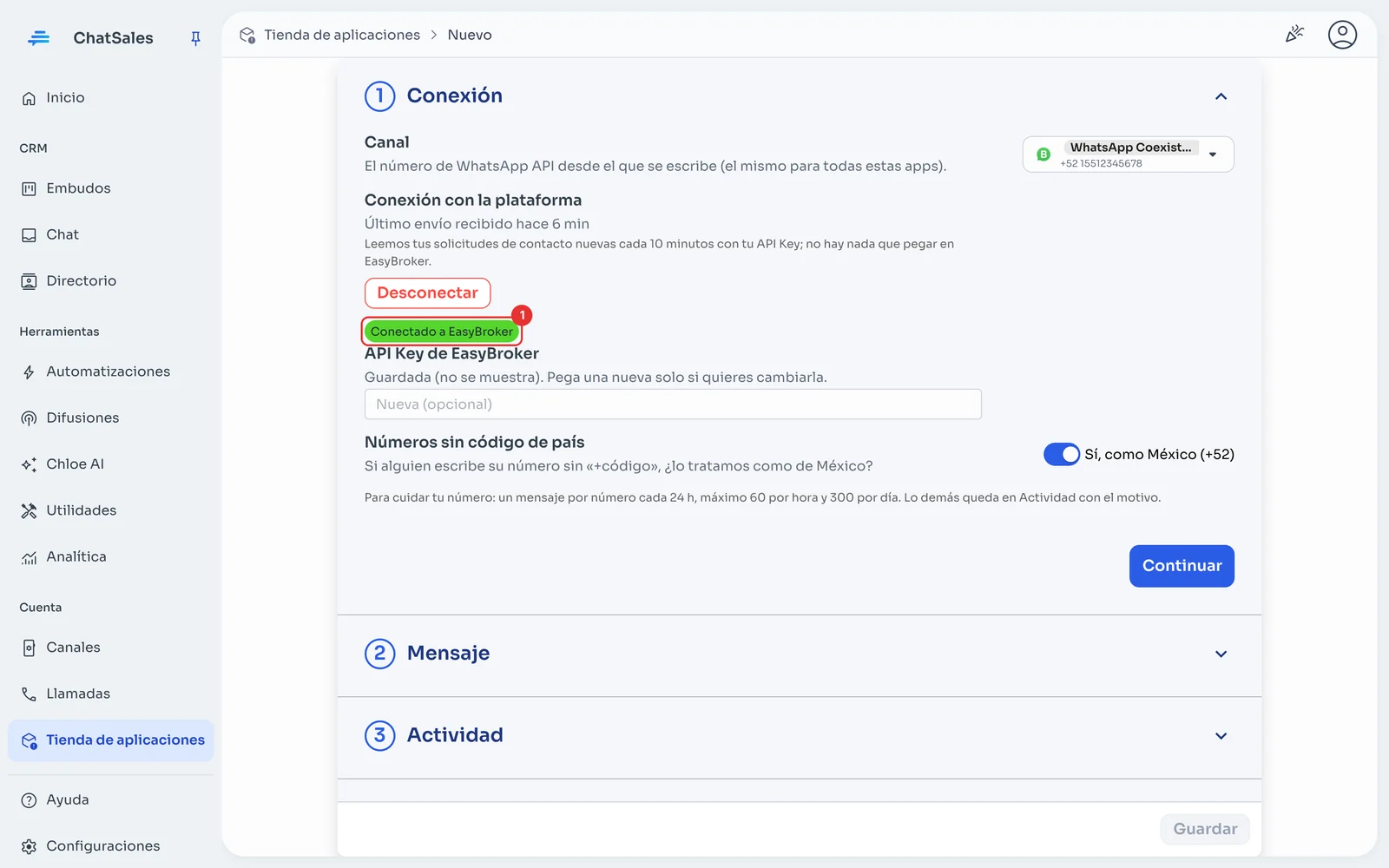 Sección Conexión con Conectado a EasyBroker