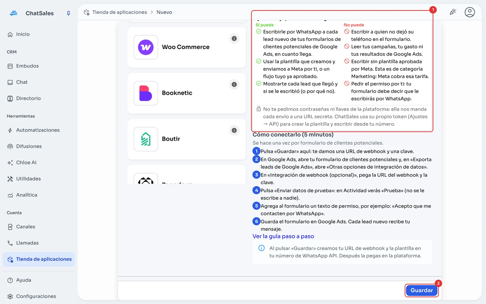 Recuadro Qué hace y qué no hace, pasos y botón Guardar
