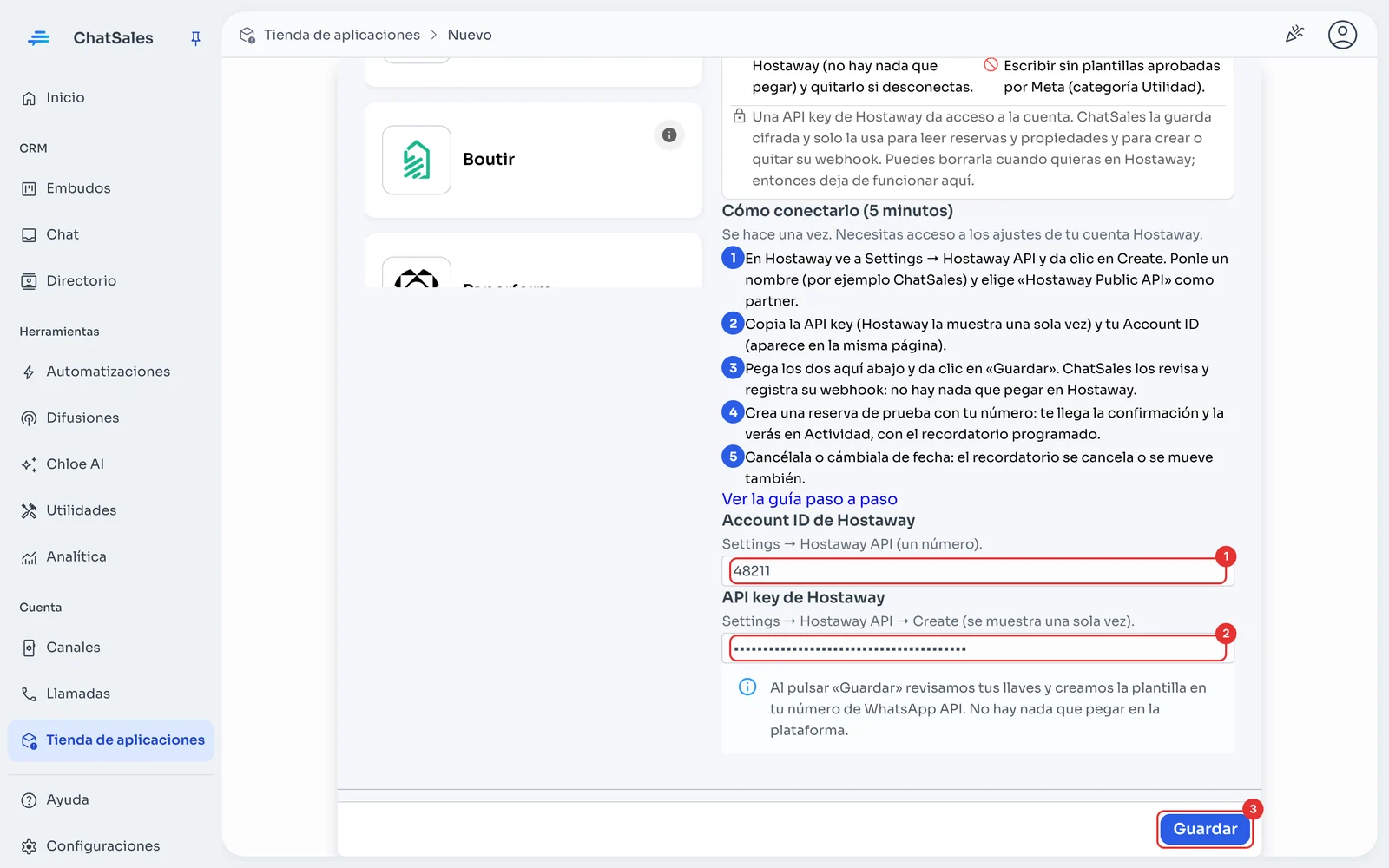 Campos Account ID y API key de Hostaway y botón Guardar