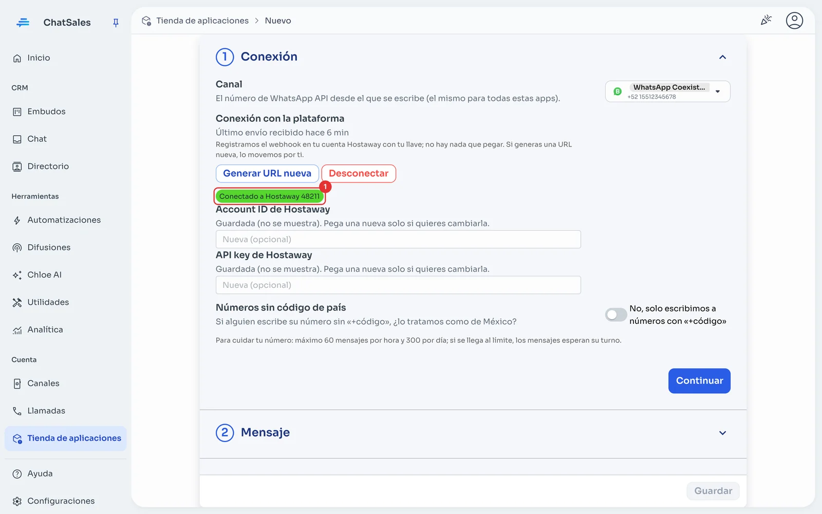 Sección Conexión con la cuenta de Hostaway